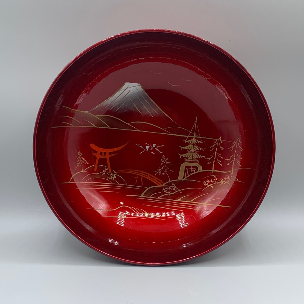 Vintage Japanese Red Lacquerware Bowl 1960s Hand-painted Mount Fuji Pagoda Torii